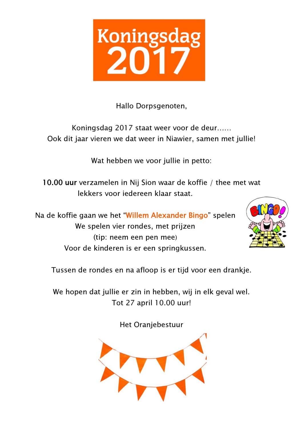 Uitnodiging voor Koningsdag. – Nijewier – Wetsens, ús plak op ierde!